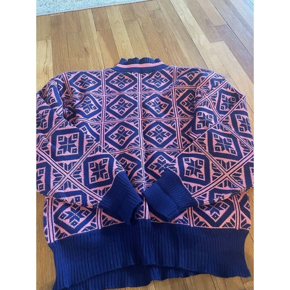 Vintage Obermeyer Women's Fair‎ Isle AOP Nordic Pink Wool Sweater Sz L Grandma